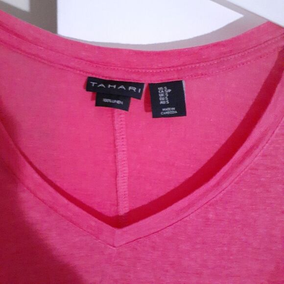 Tahari summer linen hot pink top shirt small s v neck luxury t shirt - Picture 1 of 4